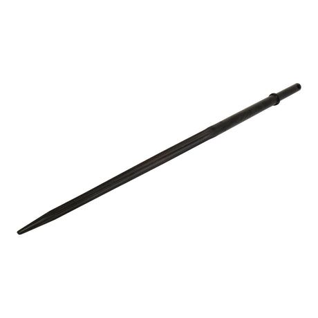 A single Loader Tine - Straight 1,200mm by Sparex, featuring a dark-colored metal construction with a tapered end, a pointed tip, and a pin fitting.