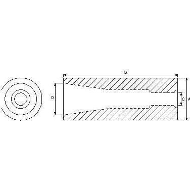 Technical drawing of a Loader Tine Bush - Ø44 x 120mm (Conus 1), Sparex Part No. S.21527, with front and side views, showing dimensions labeled as A, B, C, and D. The side view includes a hatched texture indicating a sectional cut.