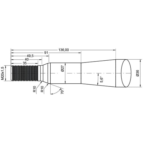 A technical drawing of the Sparex Loader Tine - Straight 800mm (S.21529), featuring detailed dimensions such as lengths, diameters, angles, and a thread size of M20 x 1.50 (Star), capable of withstanding maximum torque for SHW applications.