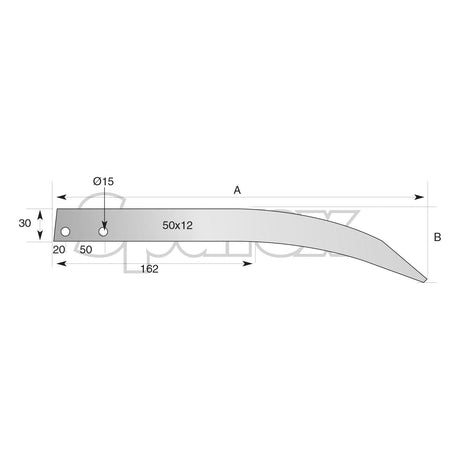 Technical drawing of the Loader Tine - Curved 500mm (Flat) - S.21532 by Sparex, showing dimensions: 30 mm height, 162 mm length, with holes measuring 50x12 mm and a diameter of 15 mm spaced 50 mm apart near one end, designed for bolt fitting.