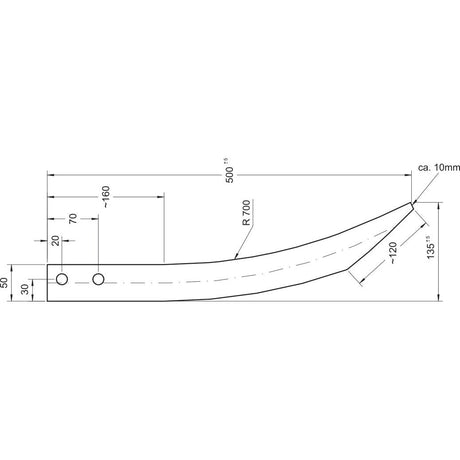 Technical drawing of the Sparex Loader Tine - Curved 500mm, (Flat) - S.21532 bracket with bolt fitting. Dimensions and radius specified. Key measurements include length (500 mm), width (70 mm), height (30 mm), and various angle and radius details.
