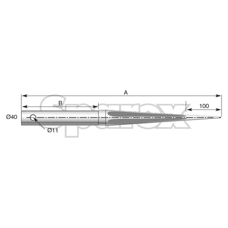 Technical drawing of the Loader Tine - Straight 1,250mm (Star) - S.21533 from Sparex, featuring a cylindrical object with a conical point. The dimensions indicated are 100 with a maximum tine diameter of 40mm and labeled with the number 11. Linear and angular measurements are also shown.