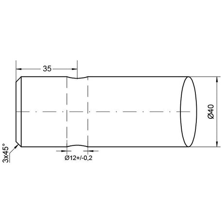 Technical drawing of the Loader Tine - Straight 1,250mm (Star) - S.21533 by Sparex, featuring a cylindrical pin fitting with a diameter of 40 mm, length of 35 mm, and a smaller diameter section of 12 mm. One end features a 45-degree chamfer.