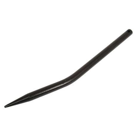 The Loader Tine - Curved 525mm (Round) from Sparex, S.21537, is a black curved metal rod with a pointed tip, featuring a maximum tine Ø25mm and a hole at the opposite end.