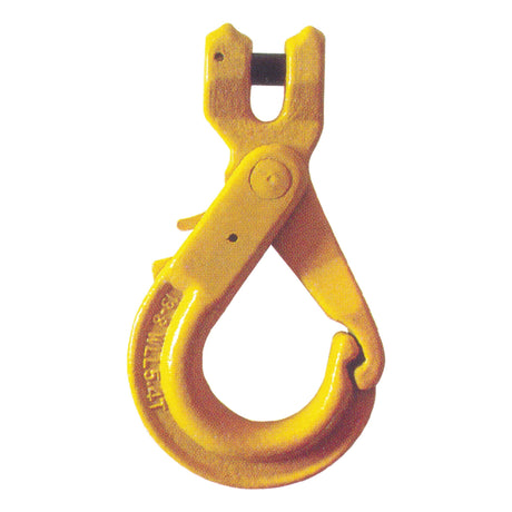 The Self Locking Hook Clevis - 8mm - S.21538 by Sparex is a yellow metal grab hook equipped with a clevis pin, accompanied by a manufacturer's test certificate, and ensuring a safe working load.