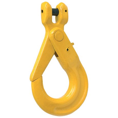 The Self Locking Hook Clevis - 10mm - S.21539 by Sparex is a large yellow heavy-duty lifting hook with a secured pin, designed for industrial use, ensuring safety and reliability with a clearly marked Safe Working Load (SWL).