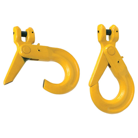 Two yellow Self Locking Hook Clevis (Product Code: S.21539) from Sparex, with one open and one closed hook, designed for hoisting and securing heavy loads with a specified 10mm Safe Working Load (SWL).