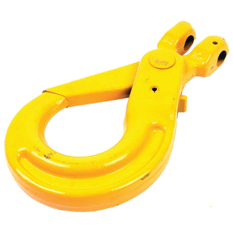 The Self Locking Hook Clevis - 13mm - S.21540 by Sparex is a large, yellow, metal lifting hook with a pinhole connection, commonly used in industrial or heavy-duty equipment, featuring an SWL rating for safe operation.