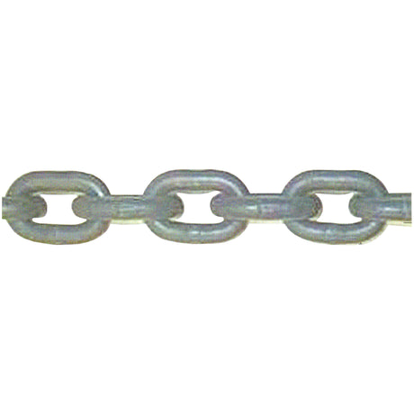 A close-up of the Sparex Lifting Chain 8mm x 21mm, S.21544, reveals several interconnected oval links. The steel chain has a shiny surface indicative of high durability and reliability, with a maximum breaking strength suitable for heavy-duty applications. The entire length of this Grade 80 metal chain is 50 meters.