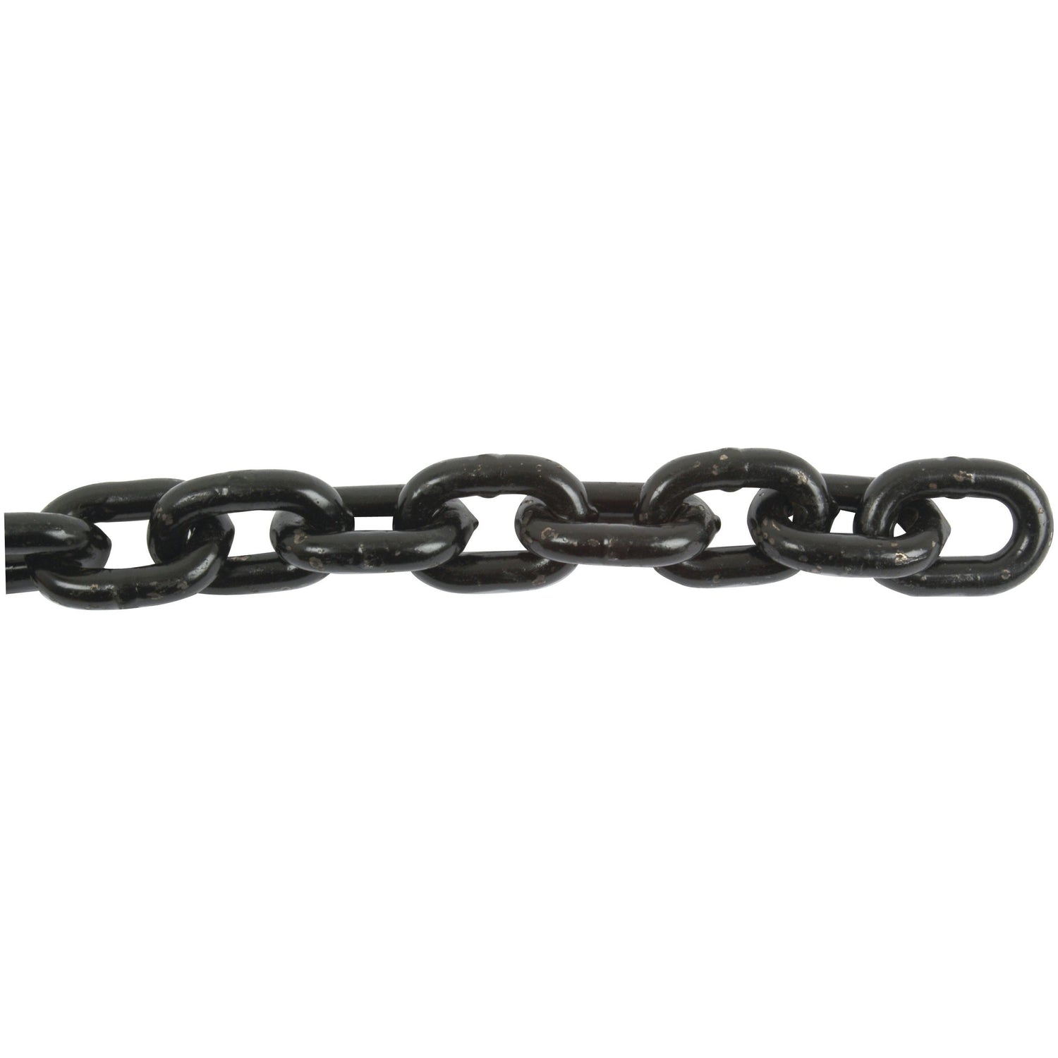 Close-up of the Sparex Lifting Chain 10 x 50 x 37mm (50M) | Sparex Part No. S.21545, a Grade 80 black metal chain with visible links against a white background, showcasing its impressive maximum breaking strength for all your lifting needs.