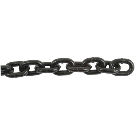 Close-up of the Sparex Lifting Chain 10 x 50 x 37mm (50M) | Sparex Part No. S.21545, a Grade 80 black metal chain with visible links against a white background, showcasing its impressive maximum breaking strength for all your lifting needs.