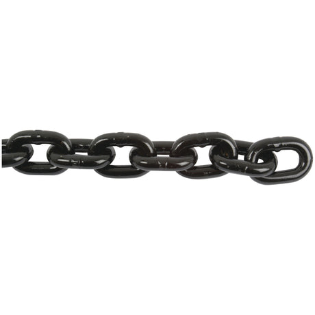 A close-up view of the Sparex Lifting Chain 13mm x 39mm, S.21550, featuring interlocked oval links arranged horizontally to ensure high strength and reliability over its 20m length.