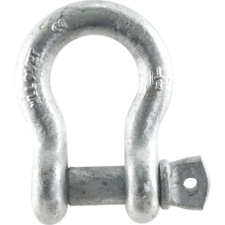 Close-up of the Sparex Bow Shackle, rated at 9.5T (21000lbs), with a U-shaped design made from drop-forged mild steel. It features a threaded pin and a hole at the end of the pin, with inscriptions on its body, identified as Sparex Part No.S.21566.