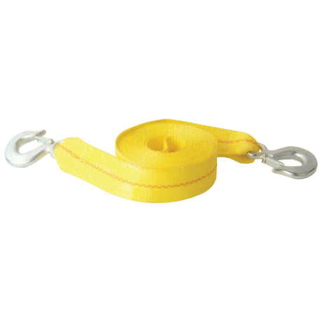 A rolled Sparex Non-Elastic Tow Strap - 2'' (Sparex Part No.S.21573) in yellow, featuring metal hooks at each end and designed for maximum breaking strength, displayed on a white background.