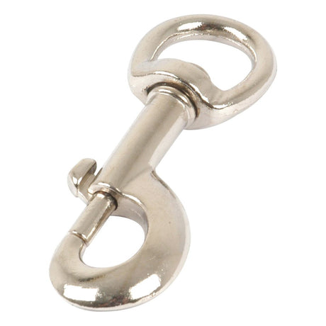 The Sparex Snap Hook with Swivel End, Ø16mm (5/8'') and 85mm (3 3/8'') in length, is made from zinc alloy. It features a rounded loop at one end and a spring-loaded clip at the other, and is nickel-plated for added durability.