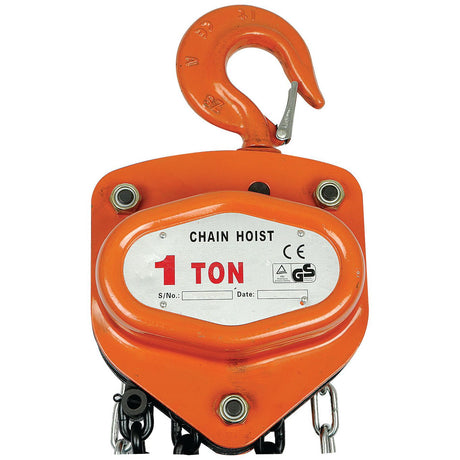 The Lever Hoist 1.0T (Sparex Part No.S.21577) from Sparex is an orange chain hoist with a top hook, labeled "1 TON" and featuring safety certifications on the white plate. It offers a significant lifting height and safe working load capabilities, ensuring optimal performance for heavy-duty tasks.