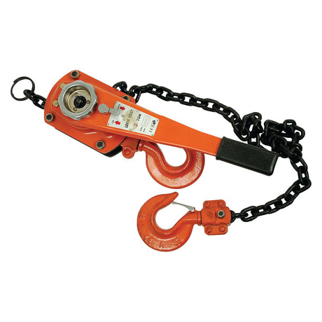 A Sparex Lever Hoist 3.00T (Part No. S.21580), featuring a red and black design with hooks and a chain, lies on a white background.