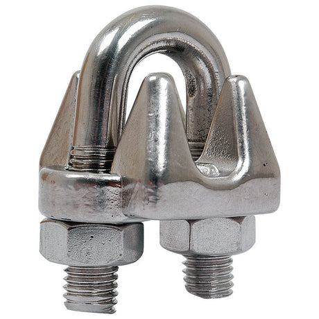 A Sparex Wire Rope Clip, Wire Ø5mm (3/16'') Stainless Steel with Sparex Part No. S.21582, featuring two threaded bolts and nuts, is typically used as a 3/16 wire rope clip.