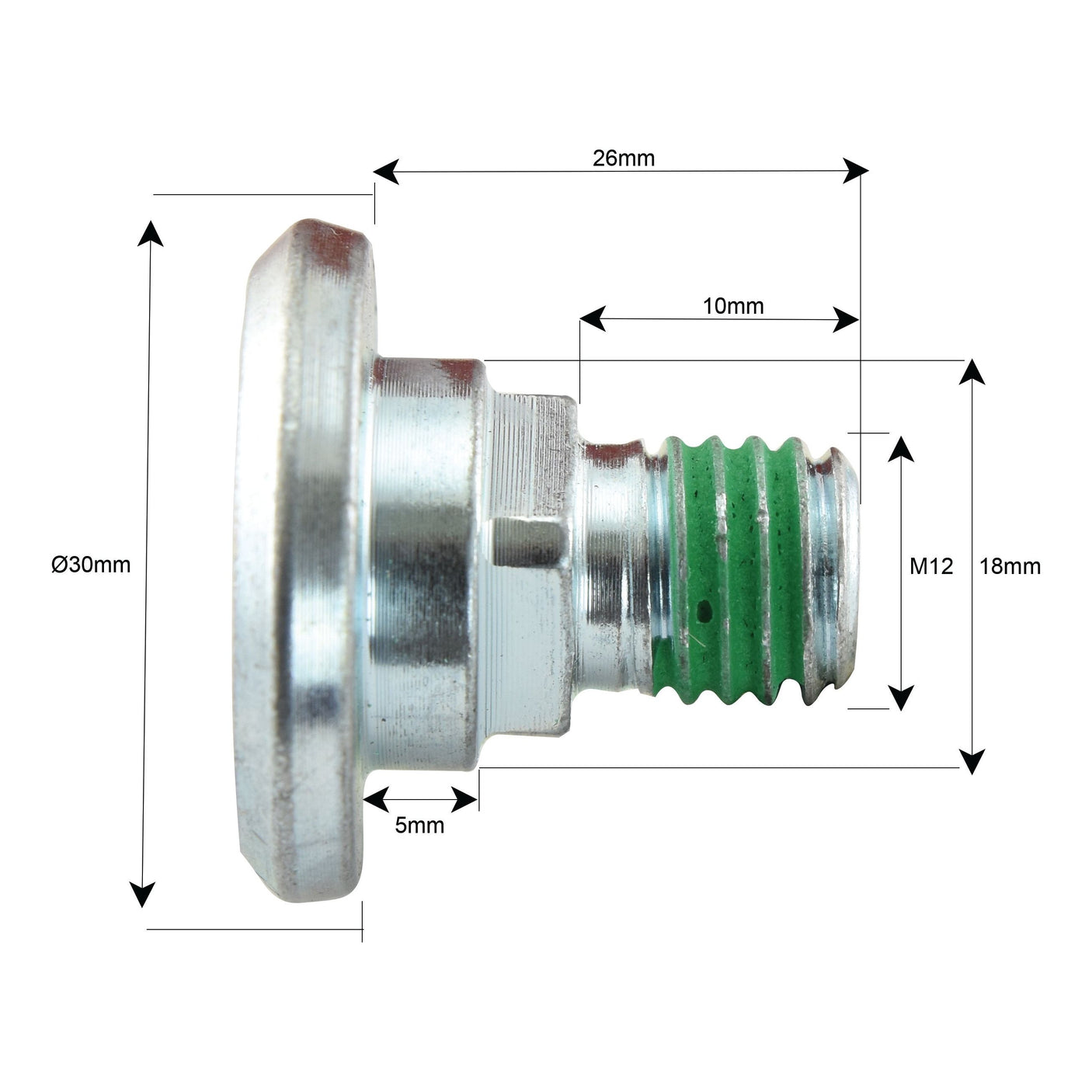 Side view of a Sparex Mower Blade Retainer, replacement for Fella part number 426887 (Sparex Part No. S.21611), featuring a 30mm collar diameter, 26mm length, 10mm head thickness, and both M12 and 18mm sections marked.