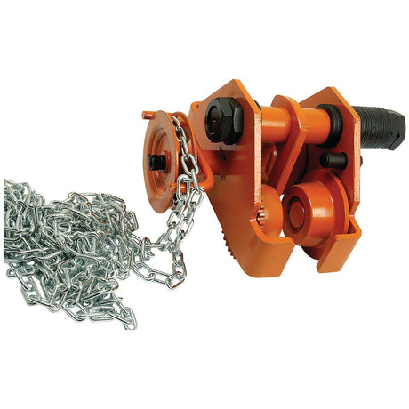 A heavy-duty orange Geared Chain Trolley (Sparex Part No. S.21619) with a coiled metal chain beside it, boasting a safe working load of 2 tons.