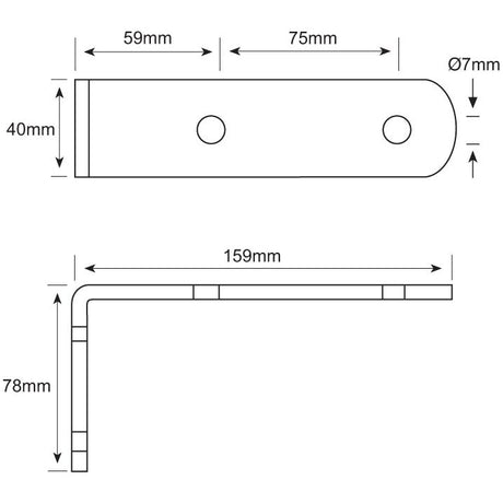 Technical drawing of the Sparex MUDGUARD-BRACKET-TANDEM 159MM with dimensions: 159mm length, 78mm height, 40mm width, and hole diameters of 7mm. Hole spacing is set at 59mm and 75mm. This sturdy bracket is perfect for various applications.