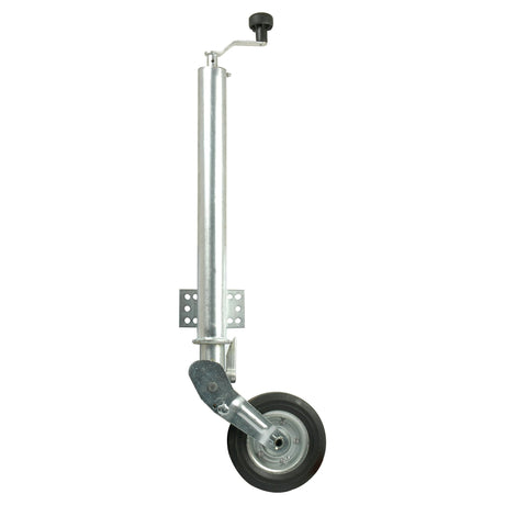 A close-up image of the Jockey Wheel Jack - 60mm - Heavy Duty - S.21637 by Sparex, featuring a single wheel at the bottom and designed for attaching to the tongue of a trailer. The heavy-duty steel jack, boasting a galvanized finish, is in a raised position and capable of handling a static load of 250kg.