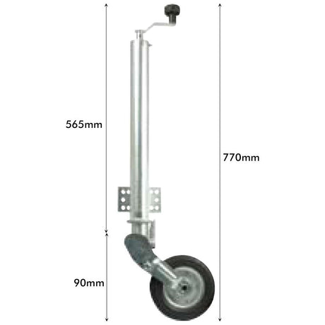 The Jockey Wheel Jack - 60mm - Heavy Duty (S.21637) from Sparex is a robust steel trailer jack with a main body measuring 565mm, an overall height of 770mm, and a wheel diameter of 90mm.