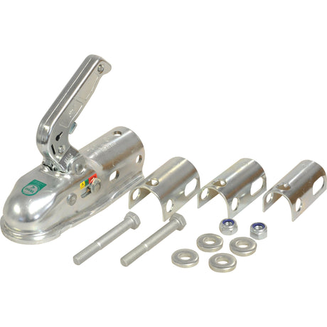 The Sparex HITCH - TRAILER (HD) coupler set, featuring a lever, two bolts, four washers, two nuts, and three mounting brackets arranged in a line, is designed for a 50mm ball size and efficiently supports maximum trailer weight. This product is identified by the Sparex Part No.S.21639.