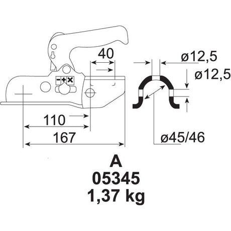 Technical drawing of a mechanical component with dimensions labeled, including length, width, and diameter measurements. The component, designed for a trailer-hitch with a 50mm ball size, is labeled "S.21639" (HITCH - TRAILER (HD)) from Sparex and weighs 1.37 kg.