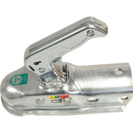 The Sparex HITCH - TRAILER (HD) (Sparex Part No.S.21639) is a metallic trailer-hitch coupling featuring a handle, various markings, and a 50mm ball size, designed for securing trailers up to the maximum trailer weight.