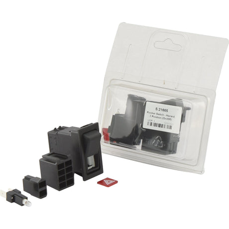 A package containing an IP65-rated automotive rocker switch with a hazard light symbol and associated mounting components. The product, labeled "Rocker Switch - Hazard, 2 Position (On/Off) - S.21665" under the brand name Sparex, is designed for use in 12V DC systems.