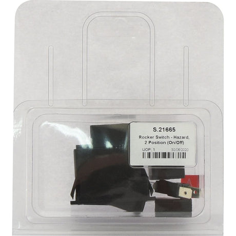 Plastic packaging containing a Sparex Rocker Switch for hazard, 2-position (On/Off) function, model S.21665. This 12V DC latching switch is IP65 rated, ensuring durability and protection against dust and water.