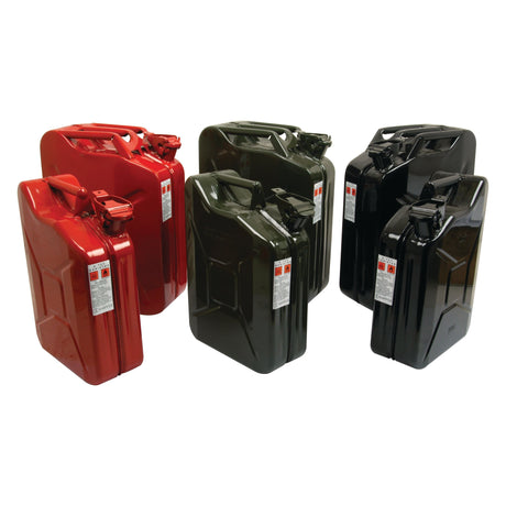 A group of Sparex Metal Jerry Cans - Green 10 ltr(s), Part No. S.21692, are arranged together in a white space. Each can has a handle and a label with safety information, suitable for storing unleaded petrol.
