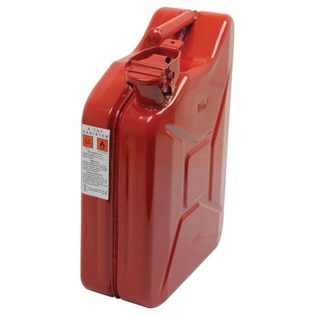 The Sparex Metal Jerry Can - Red 10 ltr(s) (Petrol), Part No. S.21694, is a robust 10-litre container featuring a cap and a warning label, ideal for storing petrol.