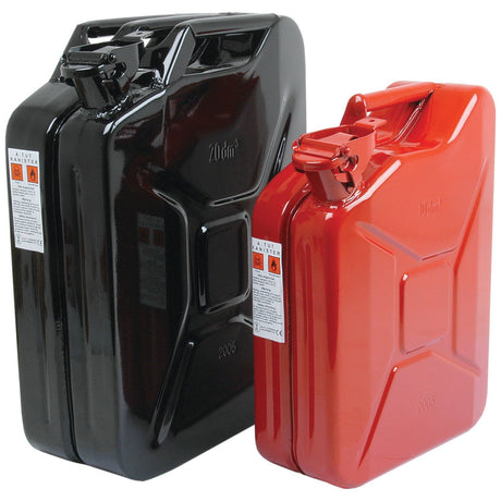 Two metal jerry cans: a larger black one labeled 20 litres and a smaller Sparex red one labeled 10 litres (Sparex Part No. S.21694), both featuring handles and safety warnings for petrol.