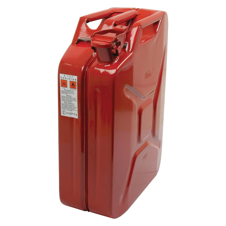 The Sparex Metal Jerry Can (Part No. S.21695) is a 20-liter red metal container designed for petrol storage, featuring a convenient spout and a label with essential safety instructions and warnings.