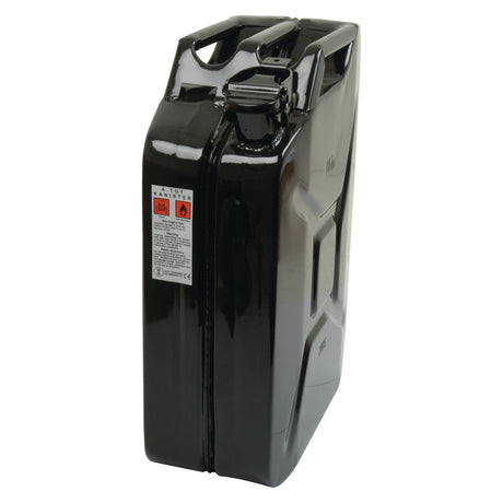 The Sparex Metal Jerry Can (Sparex Part No.S.21697) in black, has a 20-liter capacity and is equipped with a handle and screw cap. It features a warning label with symbols indicating flammability and other hazards, making it suitable for safely storing diesel or other fuels.