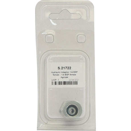 Packaged as the "Hydraulic Adaptor 1/4'' BSP Swivel Female x 1/4'' BSP Swivel Female (Agripak 1 pc.) | Sparex Part No. S.21722," this Sparex adaptor ensures a precise and secure connection with its BSP swivel female ports.