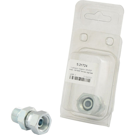 A Hydraulic Adaptor 3/8'' BSP Male x 3/8'' BSP Swivel Female from Sparex (Part No. S.21724) is placed beside its packaging, which has a similar adaptor visible inside.