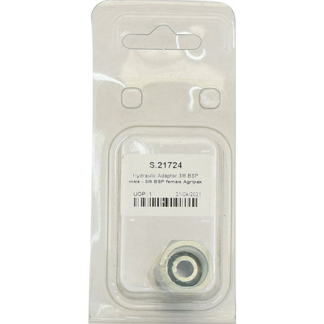 A packaged hydraulic adaptor labeled "Hydraulic Adaptor 3/8'' BSP Male x 3/8'' BSP Swivel Female (Agripak 1 pc.)" with the part number "Sparex S.21724" and a barcode visible, branded by Sparex.