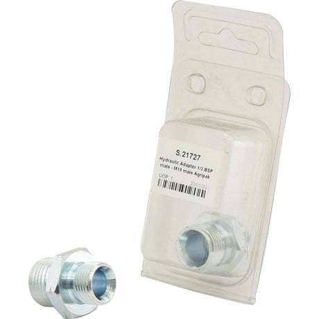 The Hydraulic Adaptor M18x1.50 Metric Male x 1/2'' BSP Male (Sparex Part No. S.21727) is shown outside its clear plastic packaging, which features an affixed label. This Sparex adaptor highlights its compatibility with both M18x1.50 metric systems and 1/2'' BSP connections, ensuring a versatile application.