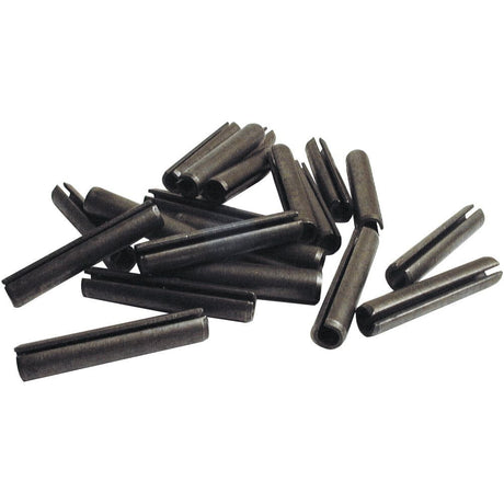 A collection of black metal roll pins from Sparex's Agripak Metric Roll Pins Assortment - Ø3 - 10mm, 10 pcs. (Sparex Part No. S.21733) scattered on a white background.