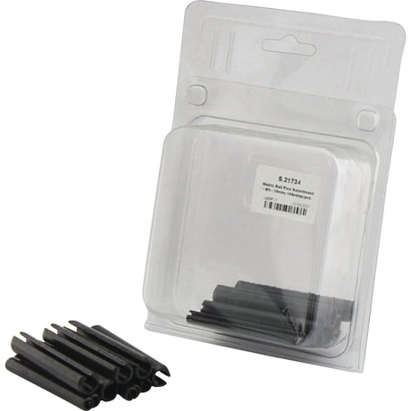 Package of metric roll pins in black with several loose pins in front, including a versatile assortment from Agripak (Ø3 - 10mm, 10 pcs., Sparex Part No. S.21734).