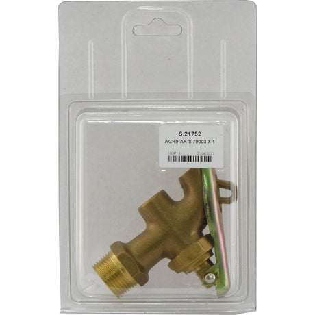 A lockable 3/4'' BSP brass drum tap, packaged in clear plastic labeled "S.21752 AGRIPAK S.79003 X 1," is part of the Sparex Brass Pack and seems designed for a specific application or machinery.