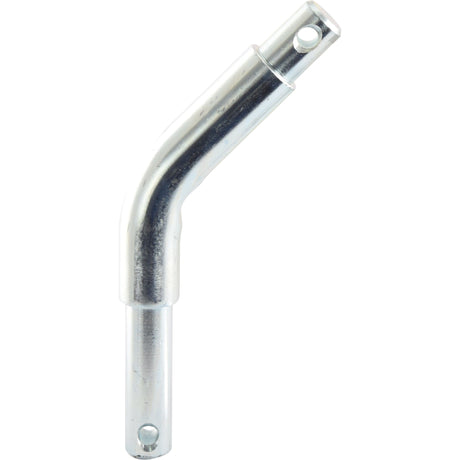 The Lower Link Pin - Cranked 28-36mm Cat.2/3 by Sparex, Part No.S.21755, is a shiny metal connector with a cranked pin design, bent at a slight angle and featuring two holes at each end for mounting or attachment.