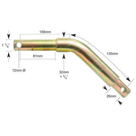 Image of the Sparex Lower Link Pin - Cranked 28-36mm Cat.2/3 (Sparex Part No.S.21755) with precise dimensions noted, including lengths of 156mm, 135mm, and working length of 81mm, as well as diameters of 12mm, 32mm, and a pin diameter of Ø26mm. The pin features multiple bends and holes at both ends.