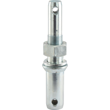 A metallic cylindrical component with threaded and drilled holes, featuring a hexagonal nut in the middle section, resembling the Lower Link Implement Pin Dual 28 - 36x209mm with Thread Size M30x42mm Cat. 2/3 (Sparex Part No. S.21756) by Sparex.