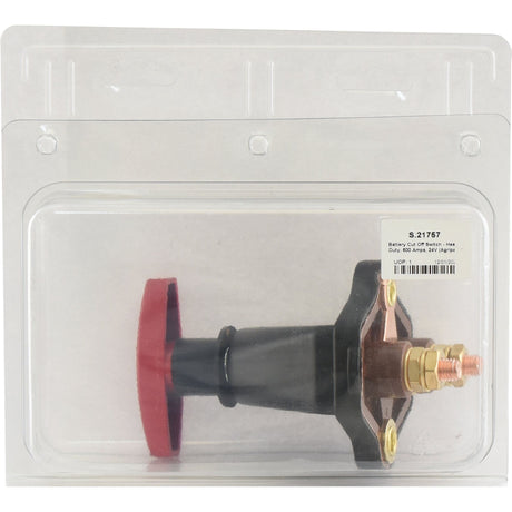 Introducing the Sparex Battery Cut Off Switch - Heavy Duty, 600 Amps, 24V (Agripak) - S.21757, featuring a red handle, black base, and copper terminals. With an IP65 rating for durability in harsh conditions, it is ideal for 24V applications.