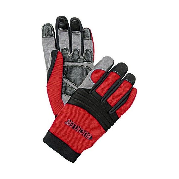 Introducing the Buckler - Agricultural Gloves - HG1: a pair of red and black work gloves with reinforced palms and fingers, featuring the "BUCKLER" label on the wrist area. These EN certified HandGuardz Gloves deliver superior protection for demanding tasks.