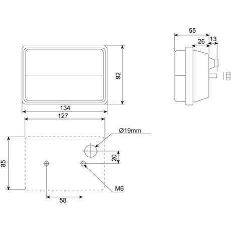 Technical diagram of a rectangular Rear Combination Light (Halogen) with dimensions marked in millimeters. It shows front, side, and bottom views, with measurements of 134x92mm and details of screw holes and connectors. Incorporated features resemble Sparex components often used in Brake / Tail / Indicator functions for 12V systems.